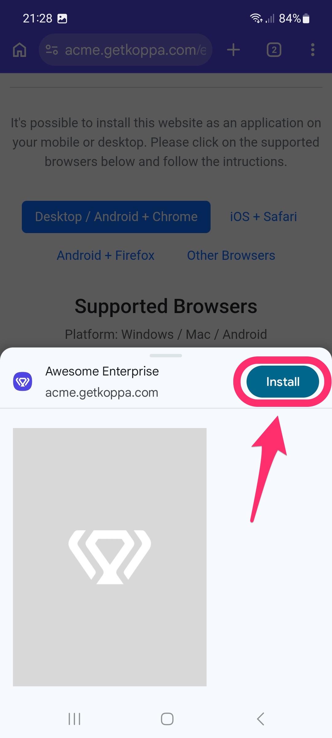 Fenêtre de confirmation d’installation Android dans Chrome
