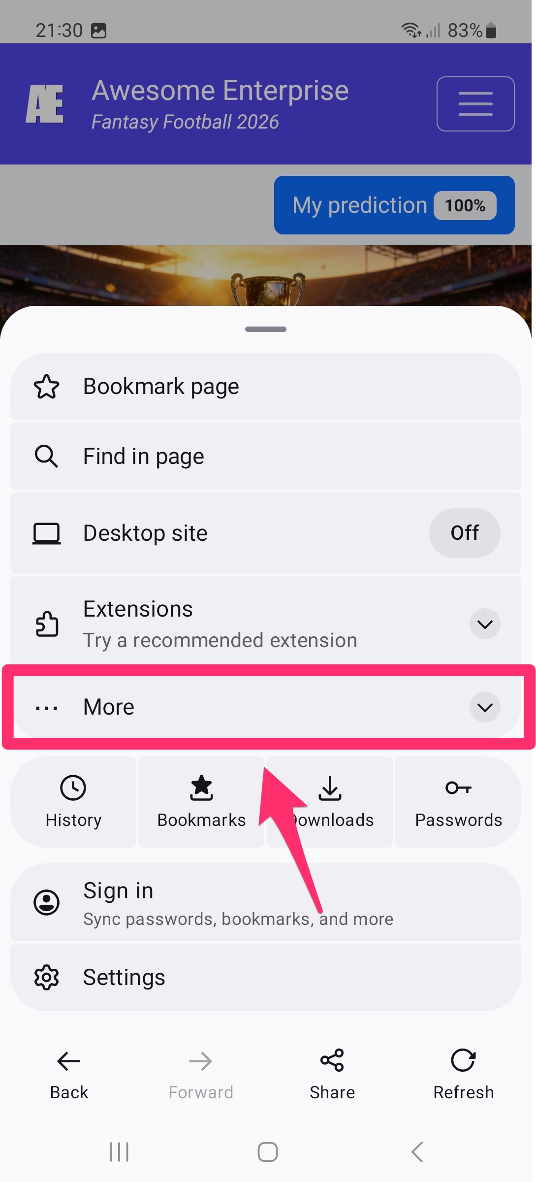Option Plus dans le menu Firefox sur Android